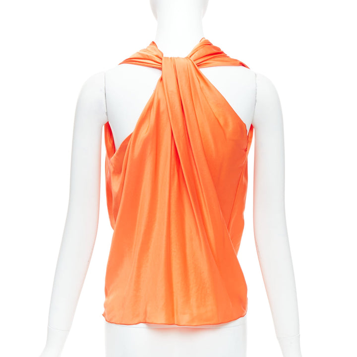 LANVIN 2010 tangerine orange 100% silk cowl neck draped top FR36 S