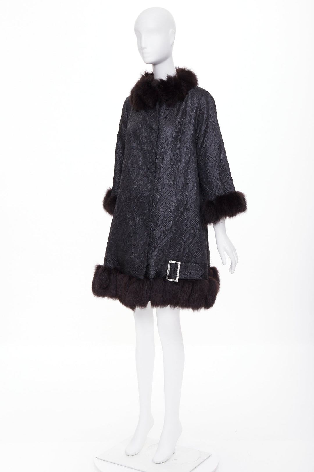 ADAM JONES 2004 black textured brocade real fur trim crystal buckle coat FR38 M