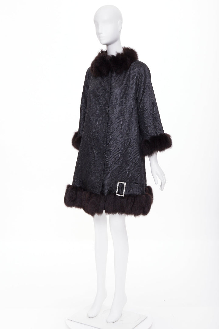 ADAM JONES 2004 black textured brocade real fur trim crystal buckle coat FR38 M
