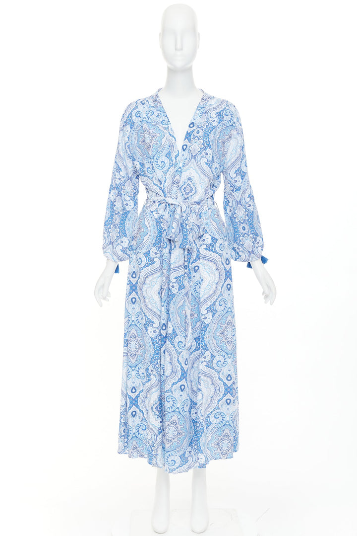 MELISSA ODABASH Gabby blue white floral paisley print viscose  kaftan dress S