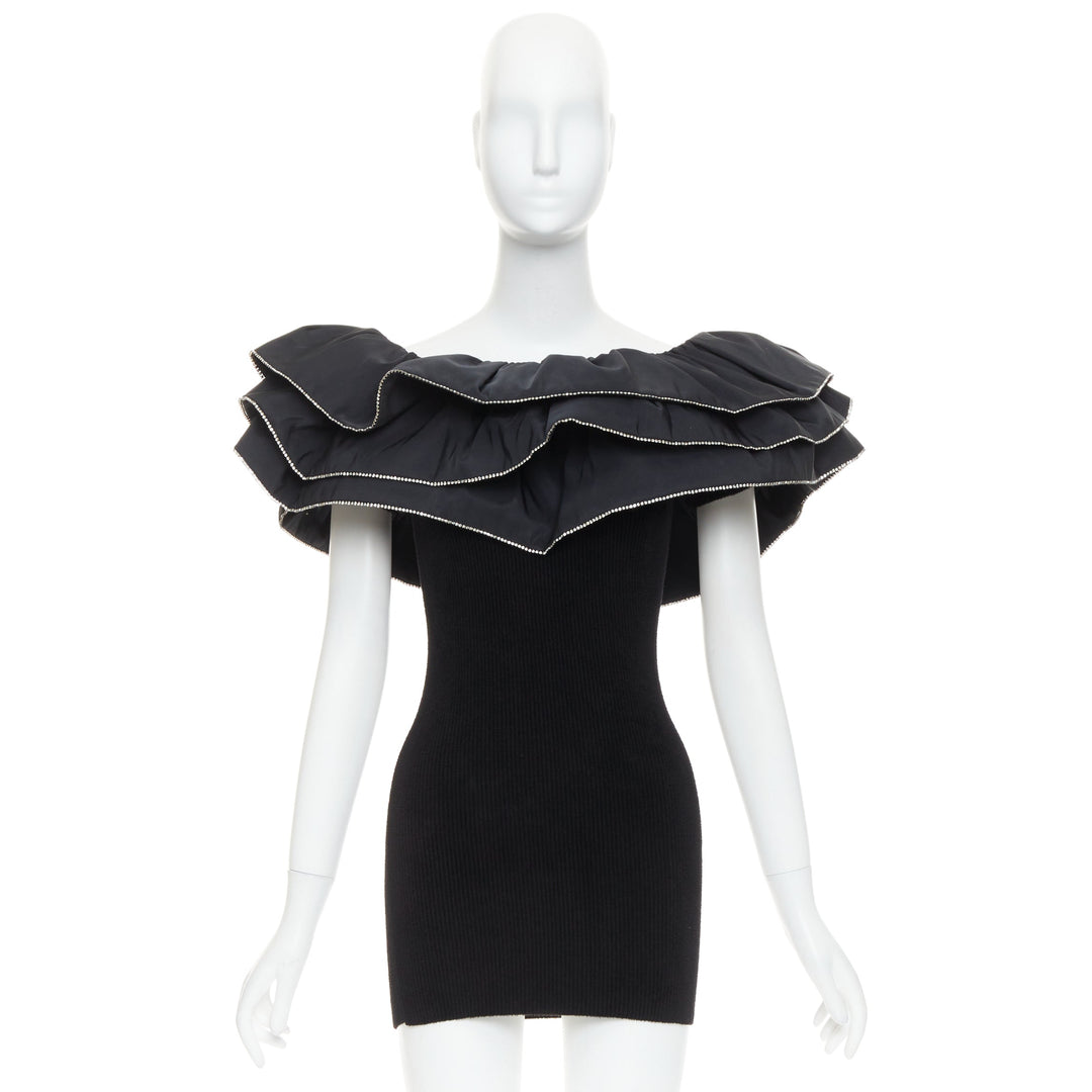 ALEXANDRE VAUTHIER 2024 black ribbed velour knit crystal trim ruffle mini dress