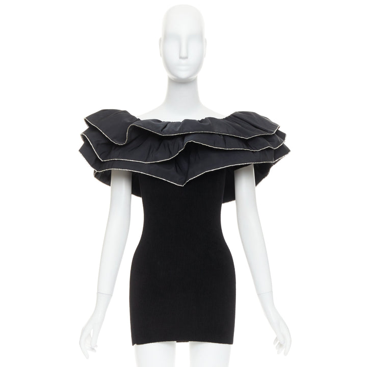 ALEXANDRE VAUTHIER 2024 black ribbed velour knit crystal trim ruffle mini dress