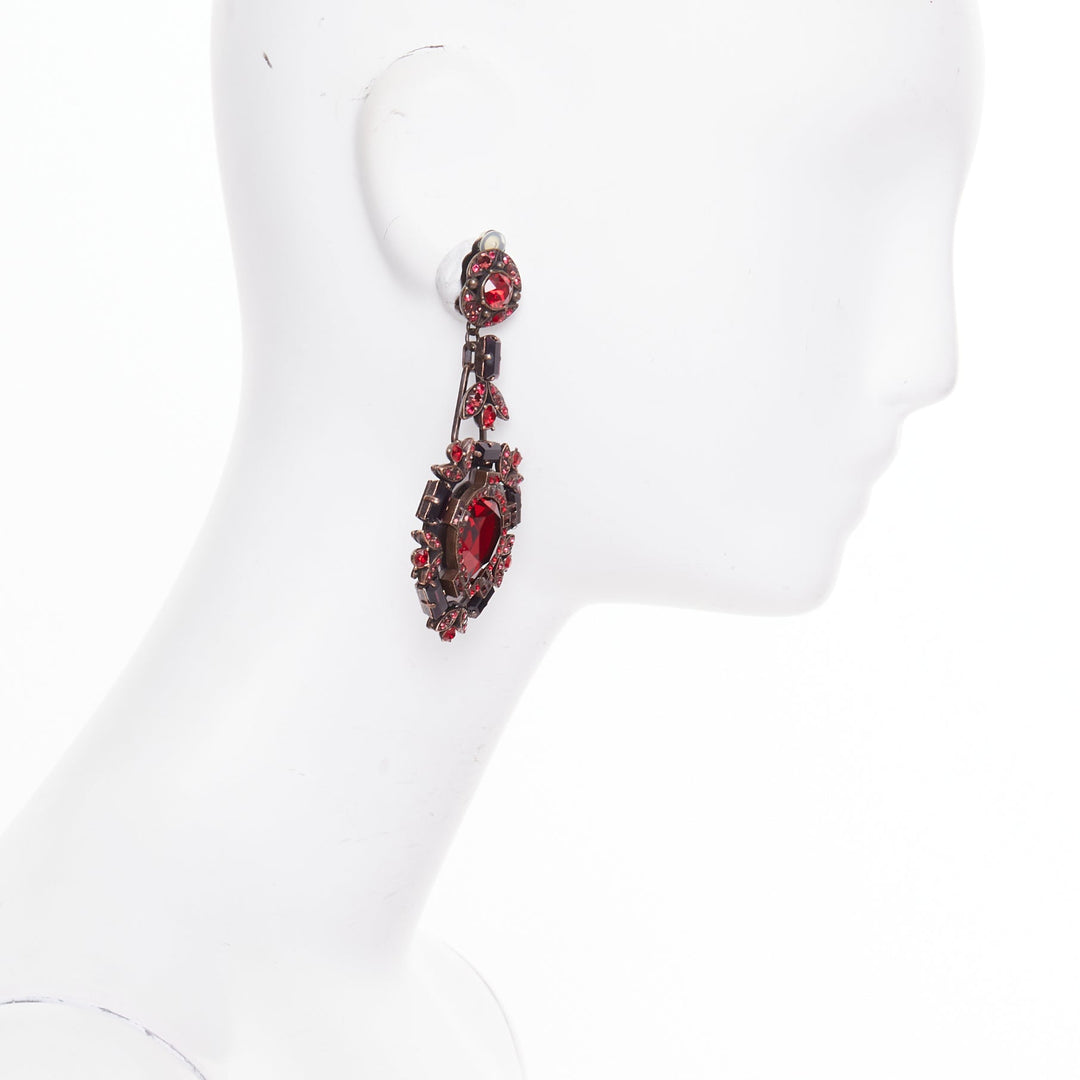 LANVIN Alber Elbaz red crystal rhinestone teardrop statement clip earrings pair