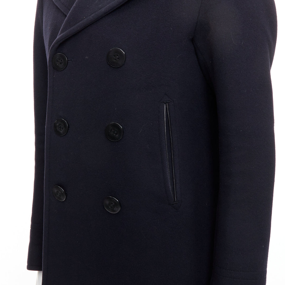 TOM FORD navy 100% wool leather trim double breasted pea coat IT48 M