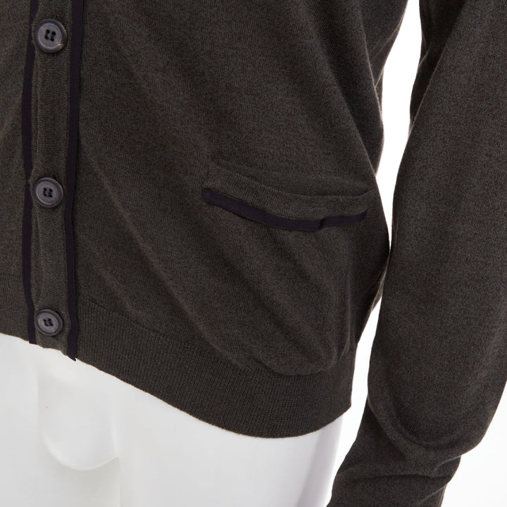 LANVIN 2015 grosgrain trim v-neck cotton merino wool button knit cardigan S