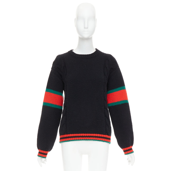 GUCCI 2021 black wool red green trim cable braid crew neck sweater XS