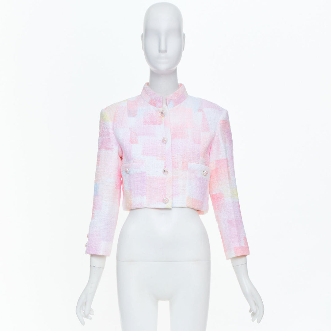 CHANEL 2023 Runway pastel pink painted check pearl button crop tweed jacket FR36