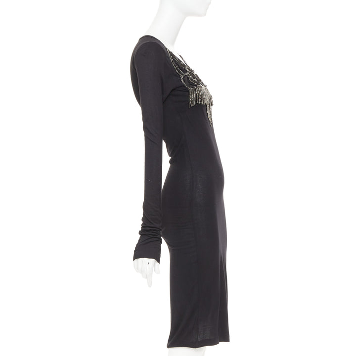 GIVENCHY black silver crystal chain fringe embellished modal dress XS