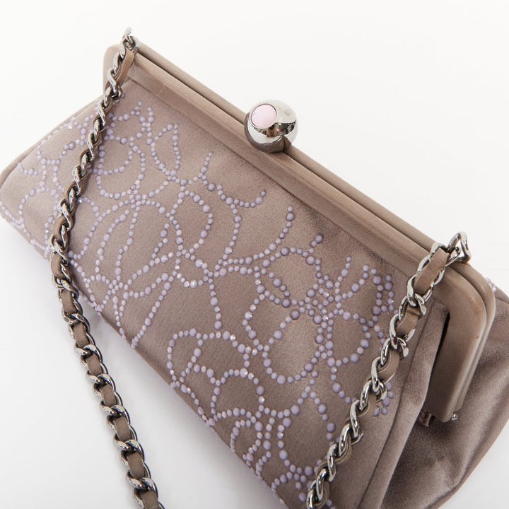 CHANEL 2000 pink pearl beaded grey satin crystal CC kiss lock frame clutch bag