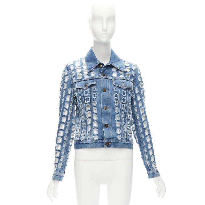 Female mannequin wearing Maison Margiela by John Galliano Blue Denim Women Cropped Jacket in Size IT | Available at JHROP