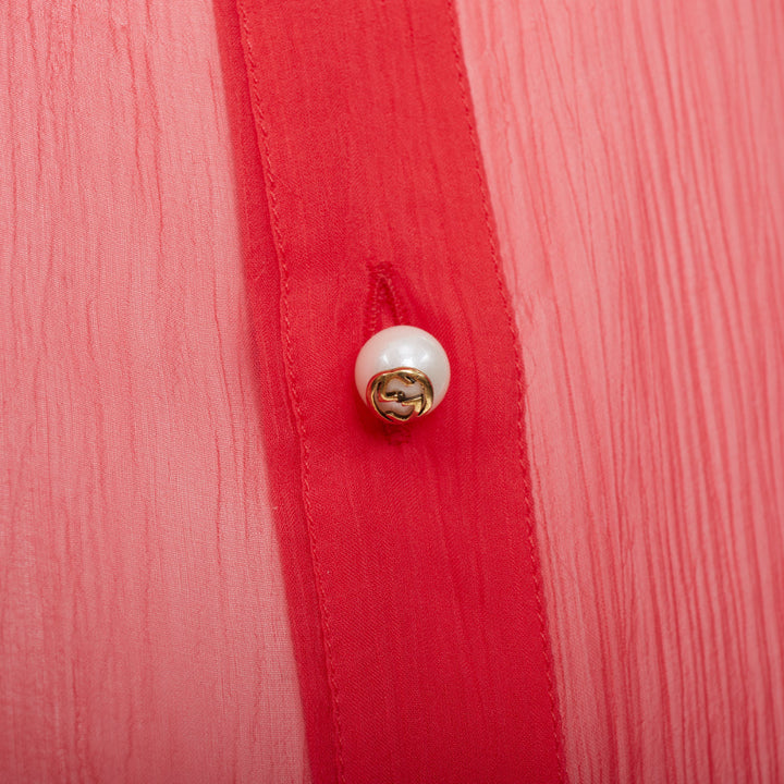 GUCCI coral red sheer chiffon GG pearl black pussybow ruffle blouse IT42 M