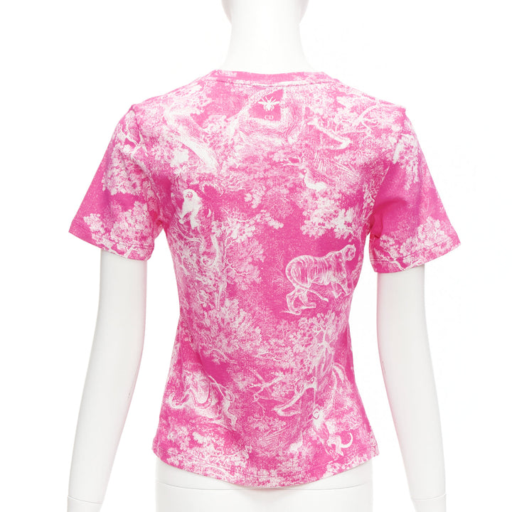 DIOR Toile de Jouy pink tree tiger print cotton linen casual tshirt XS