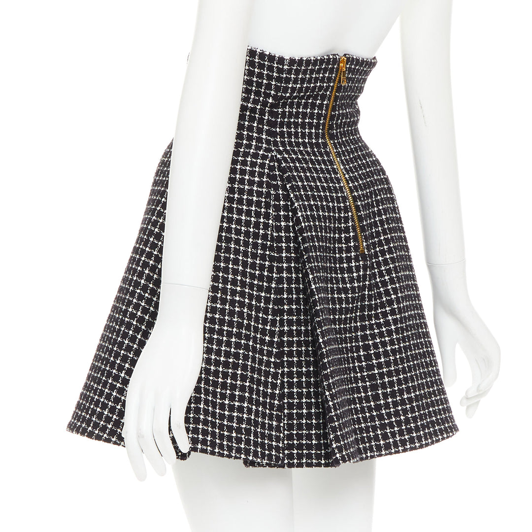 BALMAIN Tulip black white houndstooth cotton tweed flare skater skirt FR34 XS