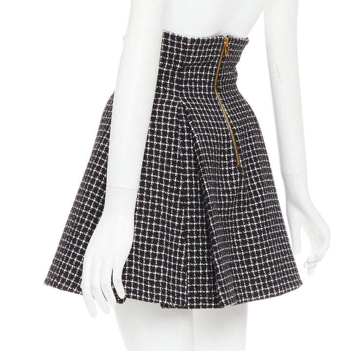BALMAIN Tulip black white houndstooth cotton tweed flare skater skirt FR34 XS