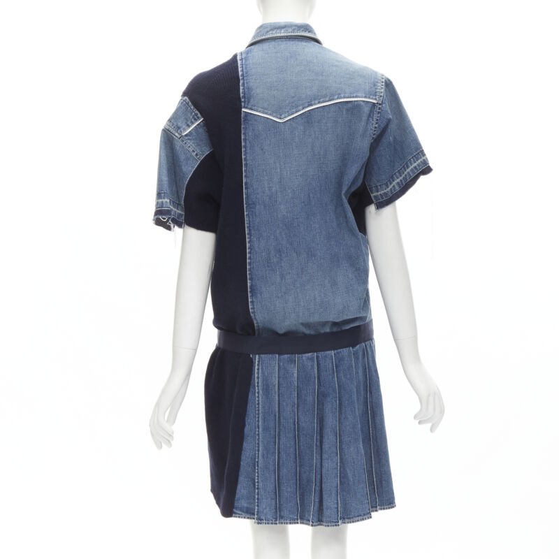 SACAI 2018 washed denim knit insert belted skirt dress JP3 L