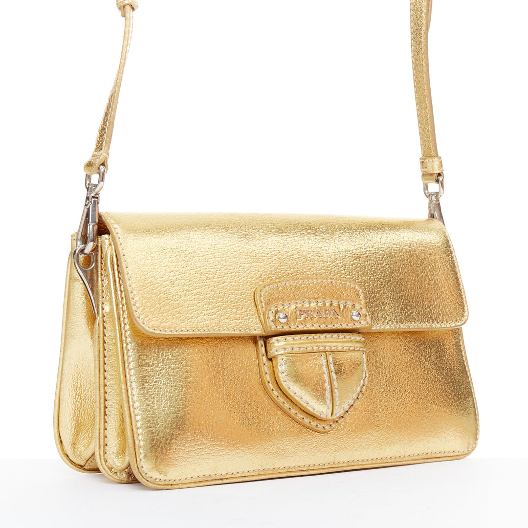 PRADA Vintage gold metallic leather silver logo flap crossbody bag