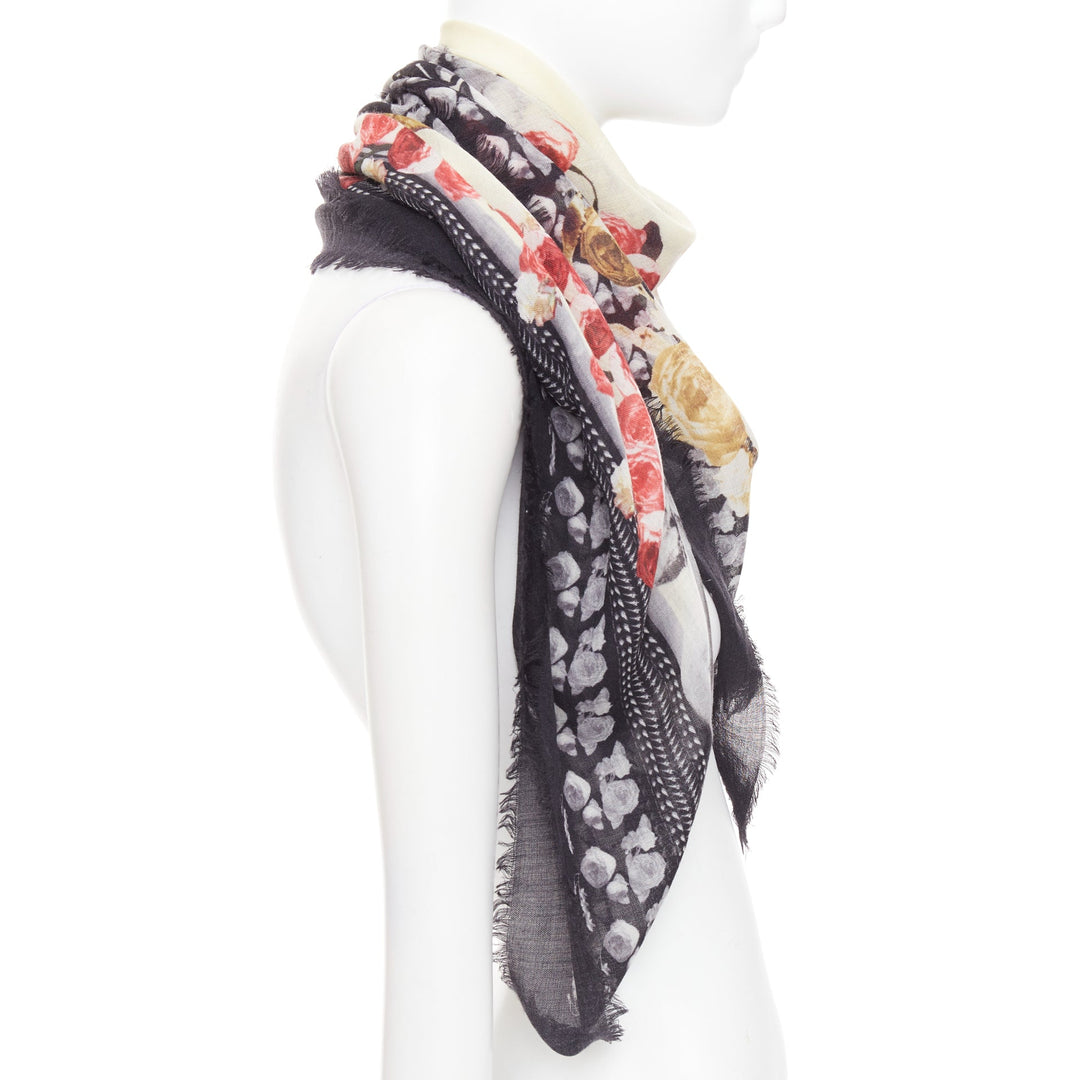 GIVENCHY Riccardo Tisci black red cream wool rose print fringed trim scarf