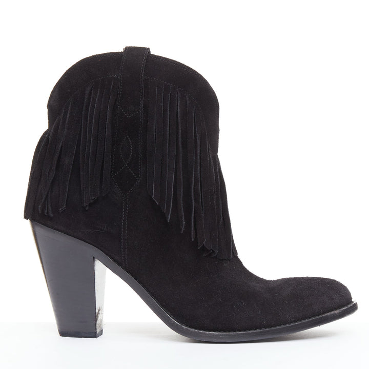 SAINT LAURENT Curtis 80 black suede fringe cuban heel western boots EU39.5