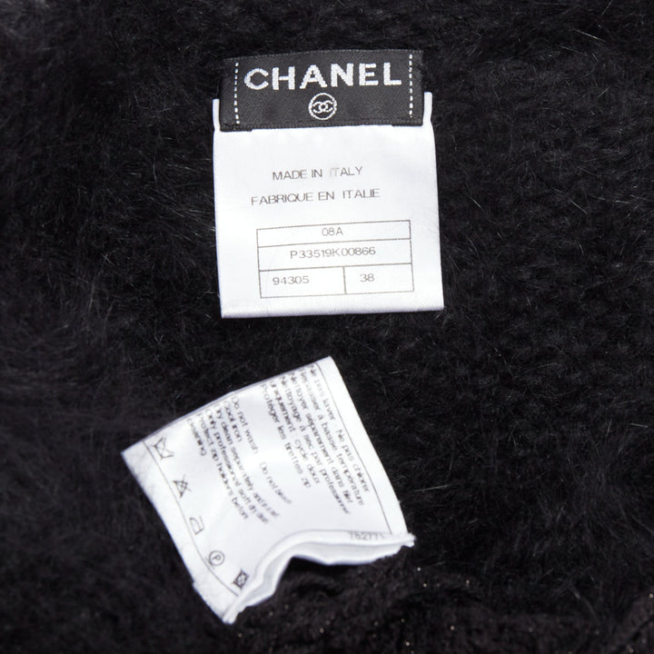 CHANEL 08A black fluffy angora blend CC zip layered sweater FR36 S