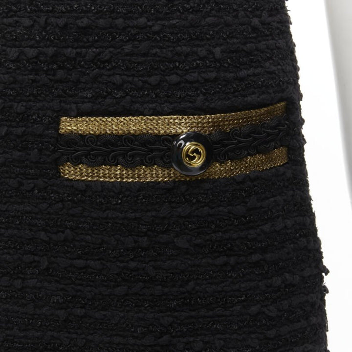 GUCCI GG logo button gold trim black tweed mini A-line skirt IT38 XS