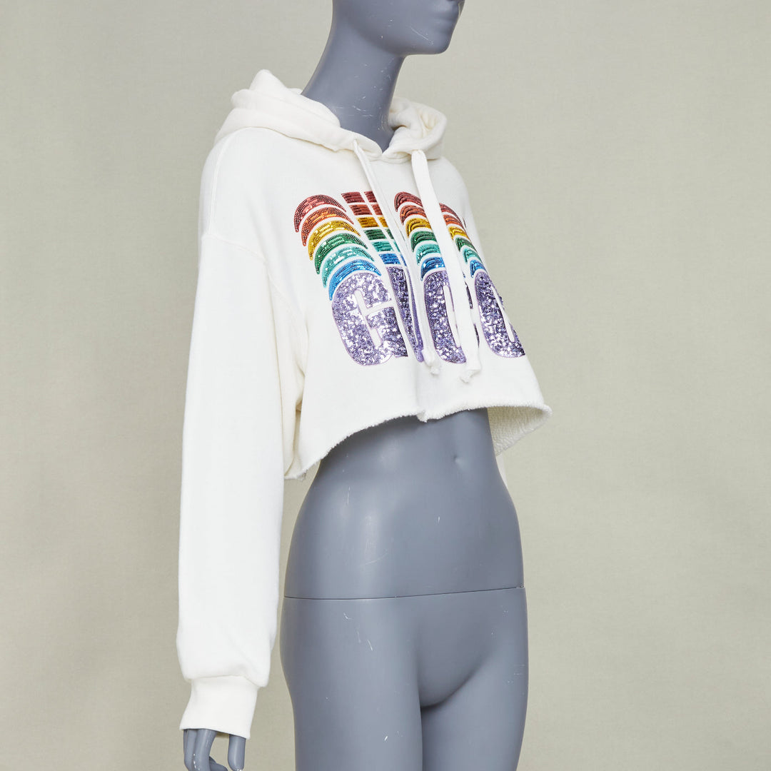 GUCCI 2020 white Rainbow Sequin Logo raw cut hem cropped hoodie sweatshirt S