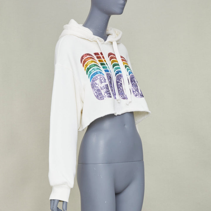 GUCCI 2020 white Rainbow Sequin Logo raw cut hem cropped hoodie sweatshirt S