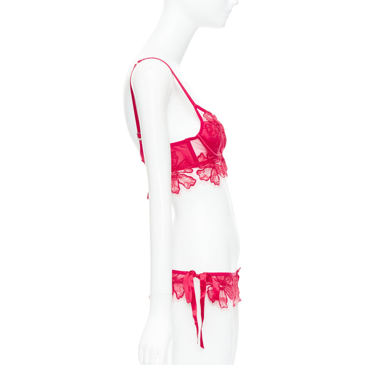 AGENT PROVOCATEUR Serephina red floral lace cotton trim bow lingerie set 86B M