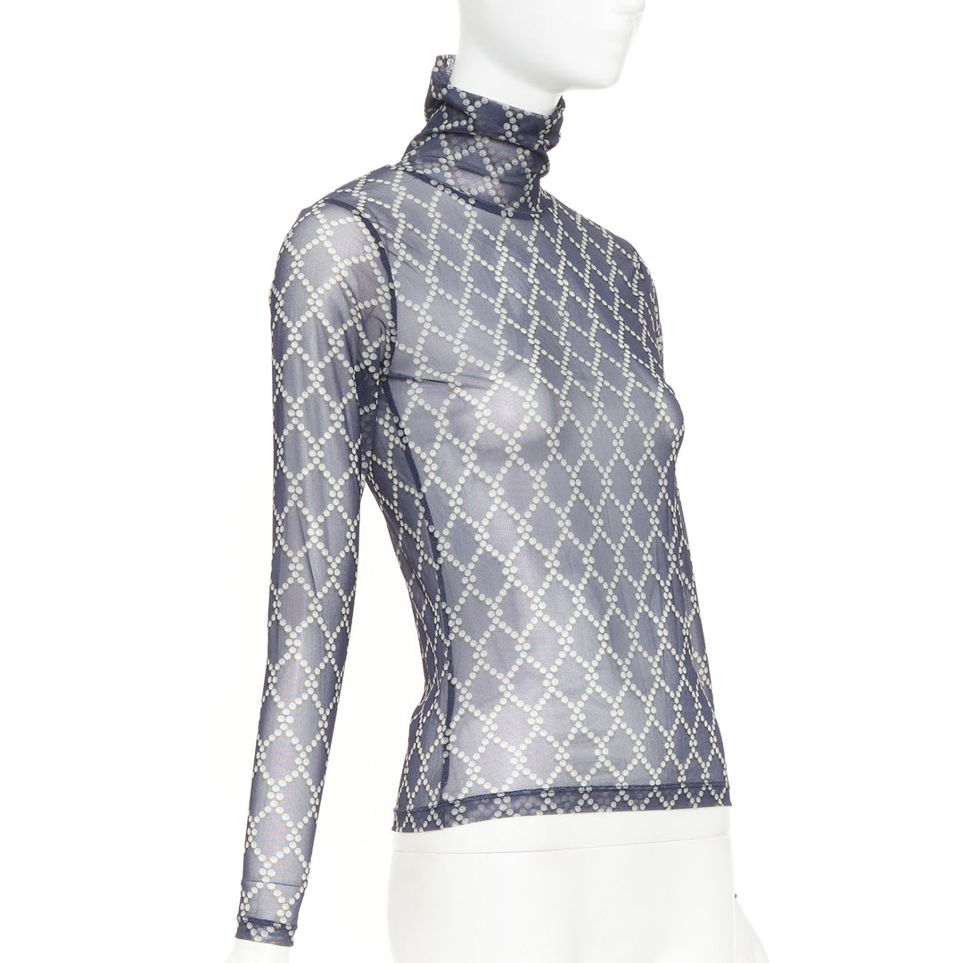 DRIES VAN NOTEN navy blue pearl diamond print high neck sheer top S