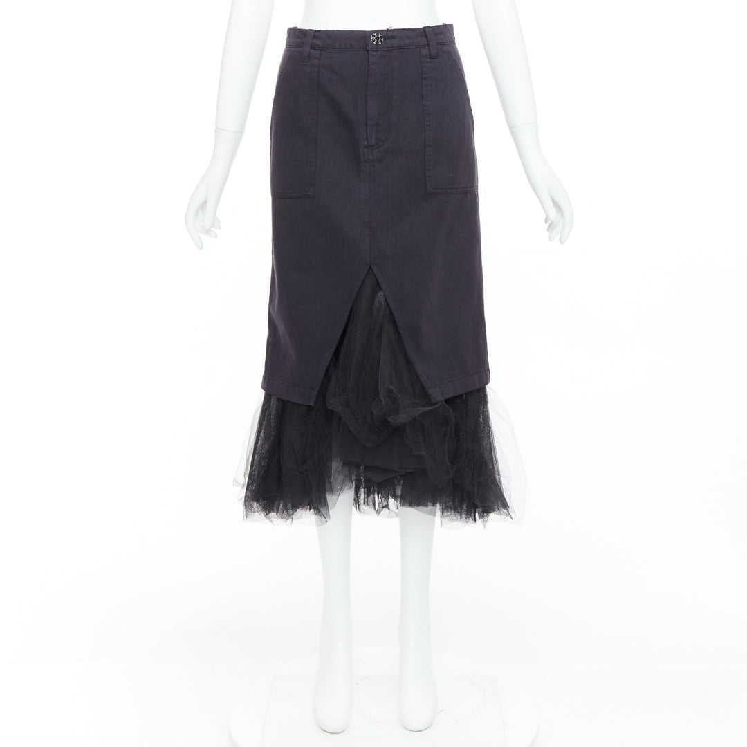 LE SUPERBE black denim tulle hem overlay crystal button midi skirt US0 XS