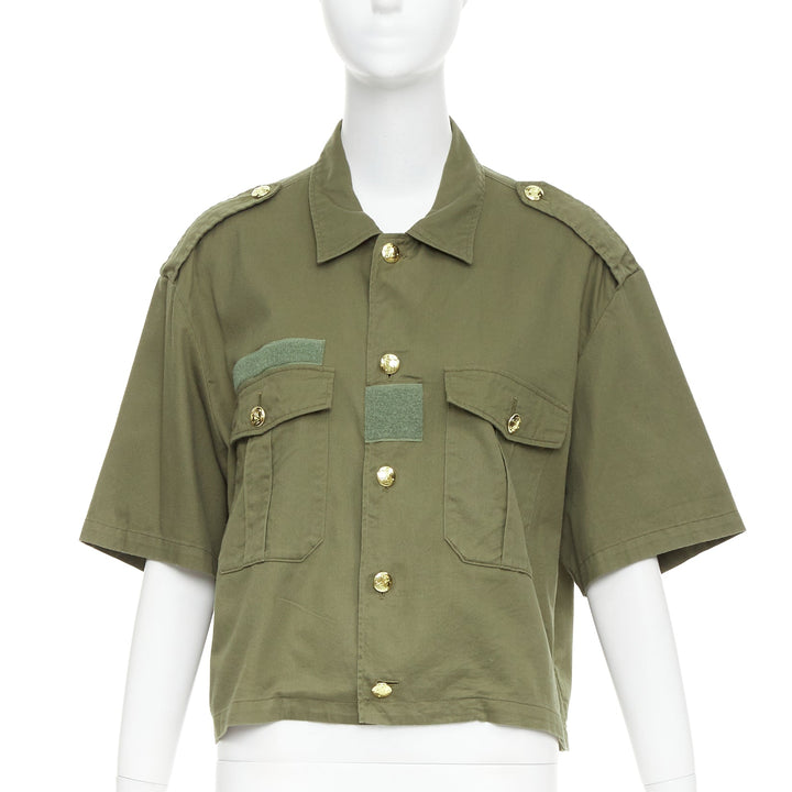 CELINE khaki green cotton gold Triomphe button military cropped shirt FR36 S