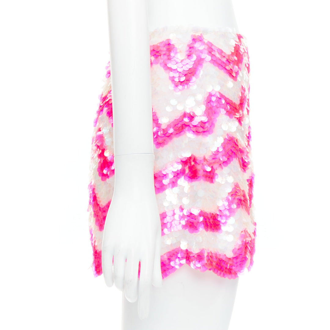 ASHISH white neon hot pink chevron paillettes sequin mini skirt XS