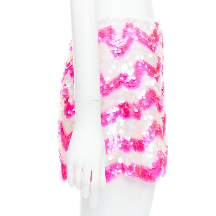ASHISH white neon hot pink chevron paillettes sequin mini skirt XS