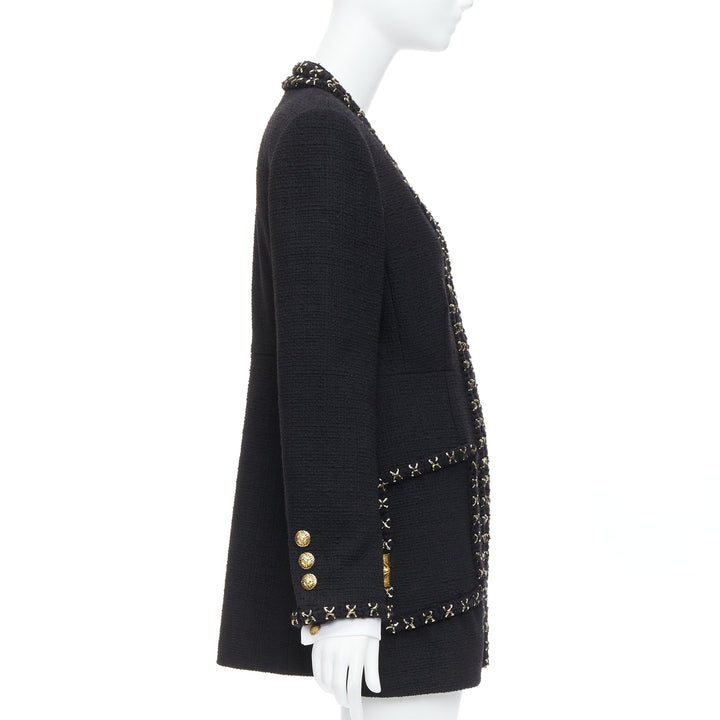 CHANEL 17A black tweed gold crosshatch braided Lionheart button long coat FR44