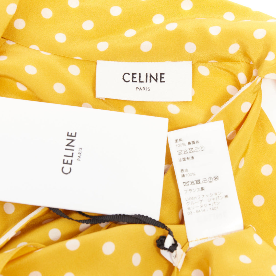 CELINE  100% silk yellow polka dot side pussybow puff sleeves blouse top FR36 S