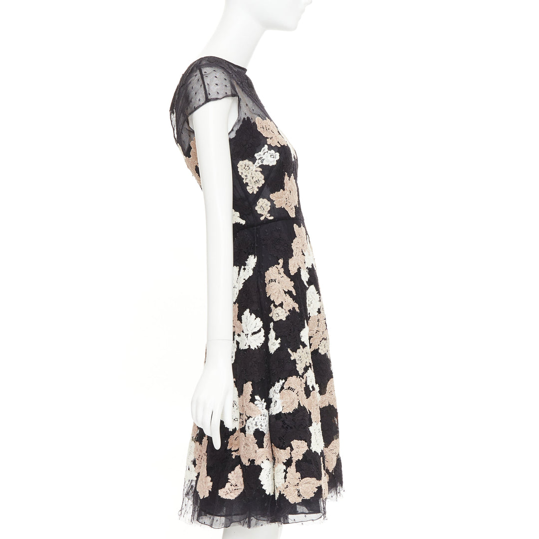 VALENTINO 2013 Runway black ivory beige lace Point d'Esprit sheer midi dress
