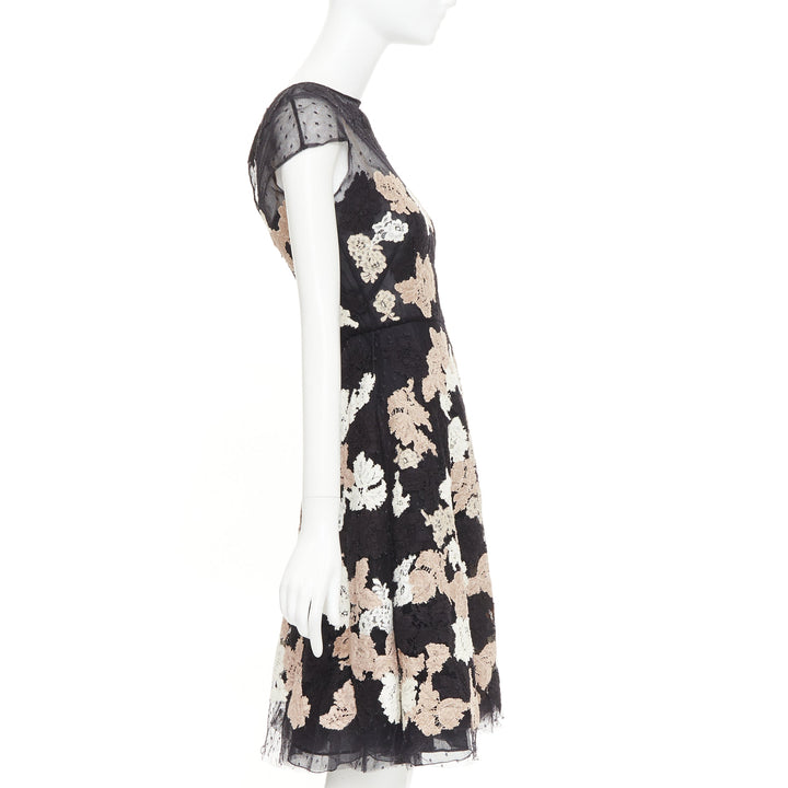 VALENTINO 2013 Runway black ivory beige lace Point d'Esprit sheer midi dress