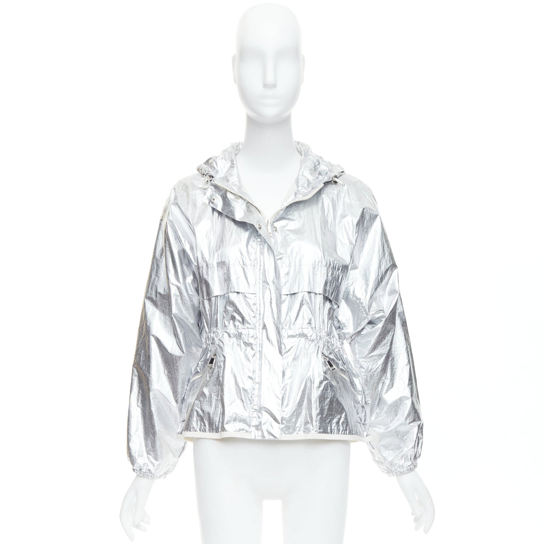 MONCLER silver coated cotton ruched waist hooded windbreaker Sz2