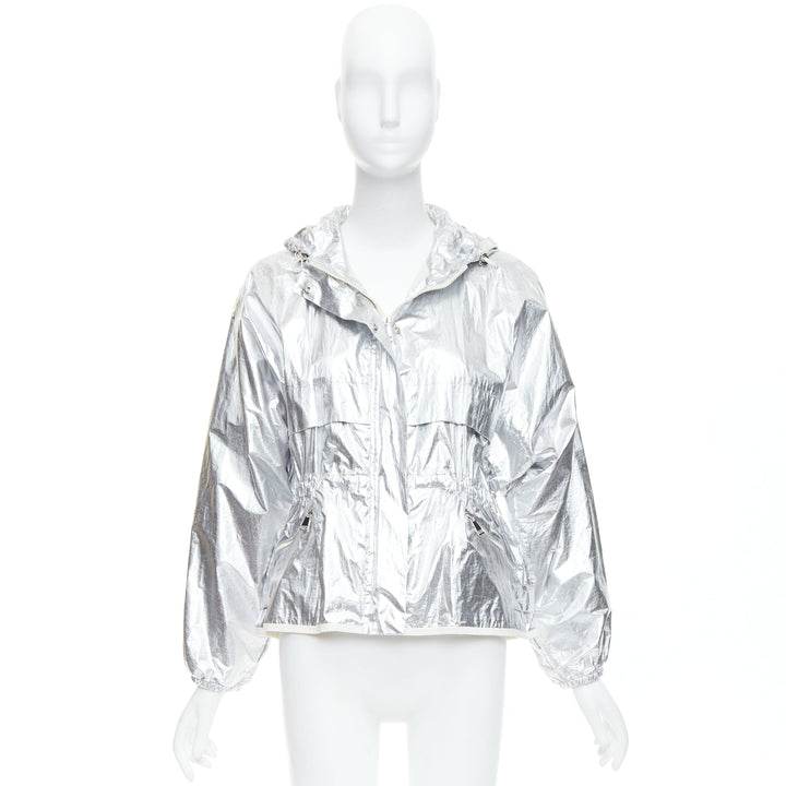 MONCLER silver coated cotton ruched waist hooded windbreaker Sz2