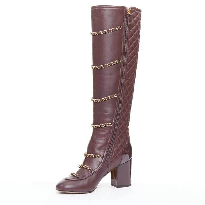 CHANEL 2017 Karl Lagerfeld burgundy lambskin gold chain quilted boots EU36.5