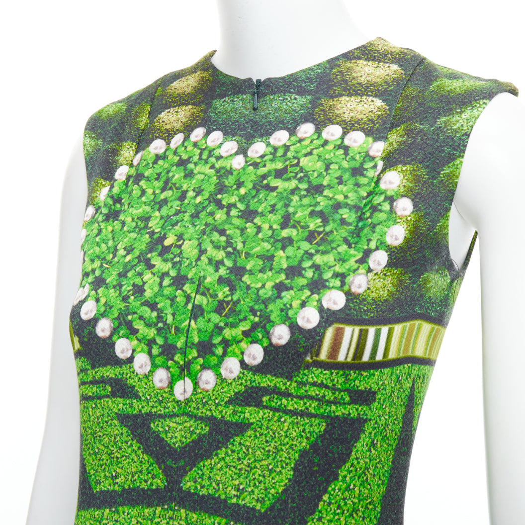 MARY KATRANTZOU 2012 Runway green heart garden party print shift dress UK10 M