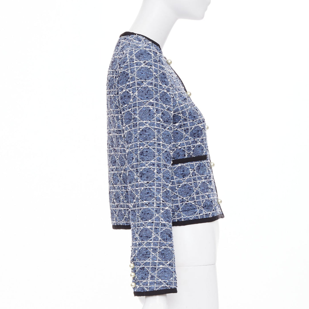 DIOR Macrocannage Technical Cotton Tweed blue white pearl button jacket FR34 XS