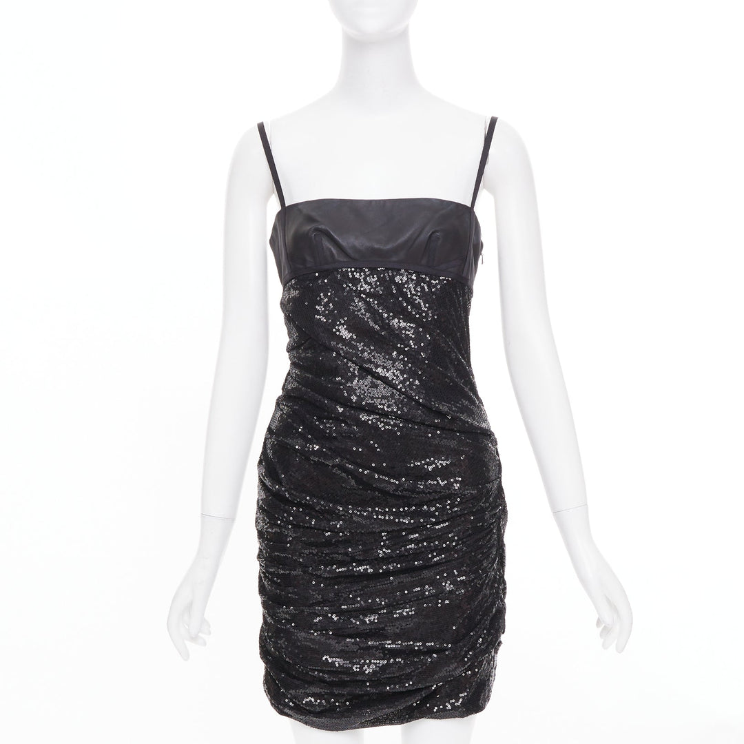 ALEXANDER WANG black lambskin leather Sequin Goddess ruched dress US4 S