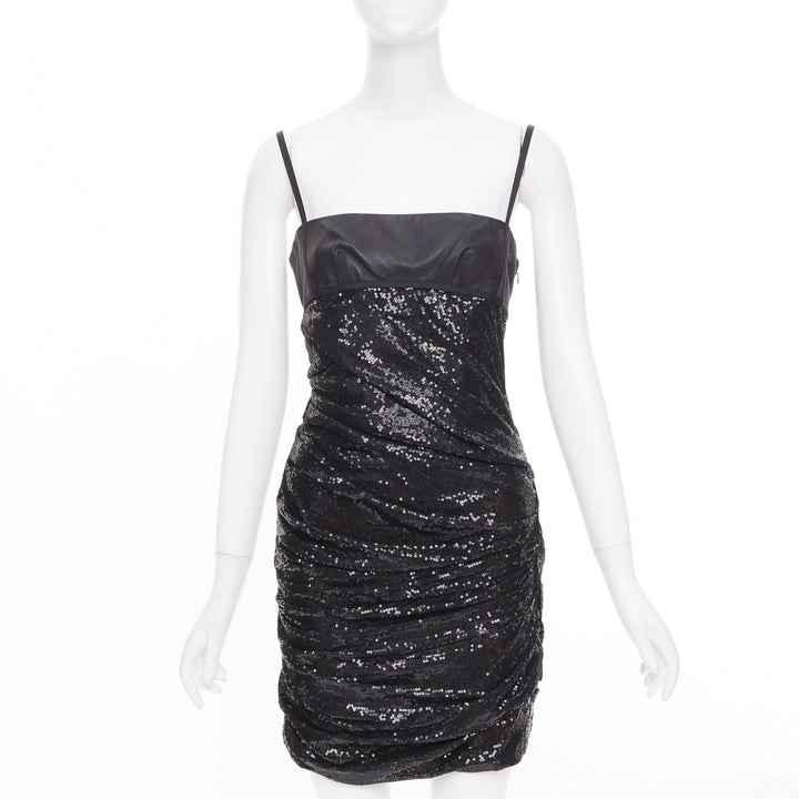 ALEXANDER WANG black lambskin leather Sequin Goddess ruched dress US4 S