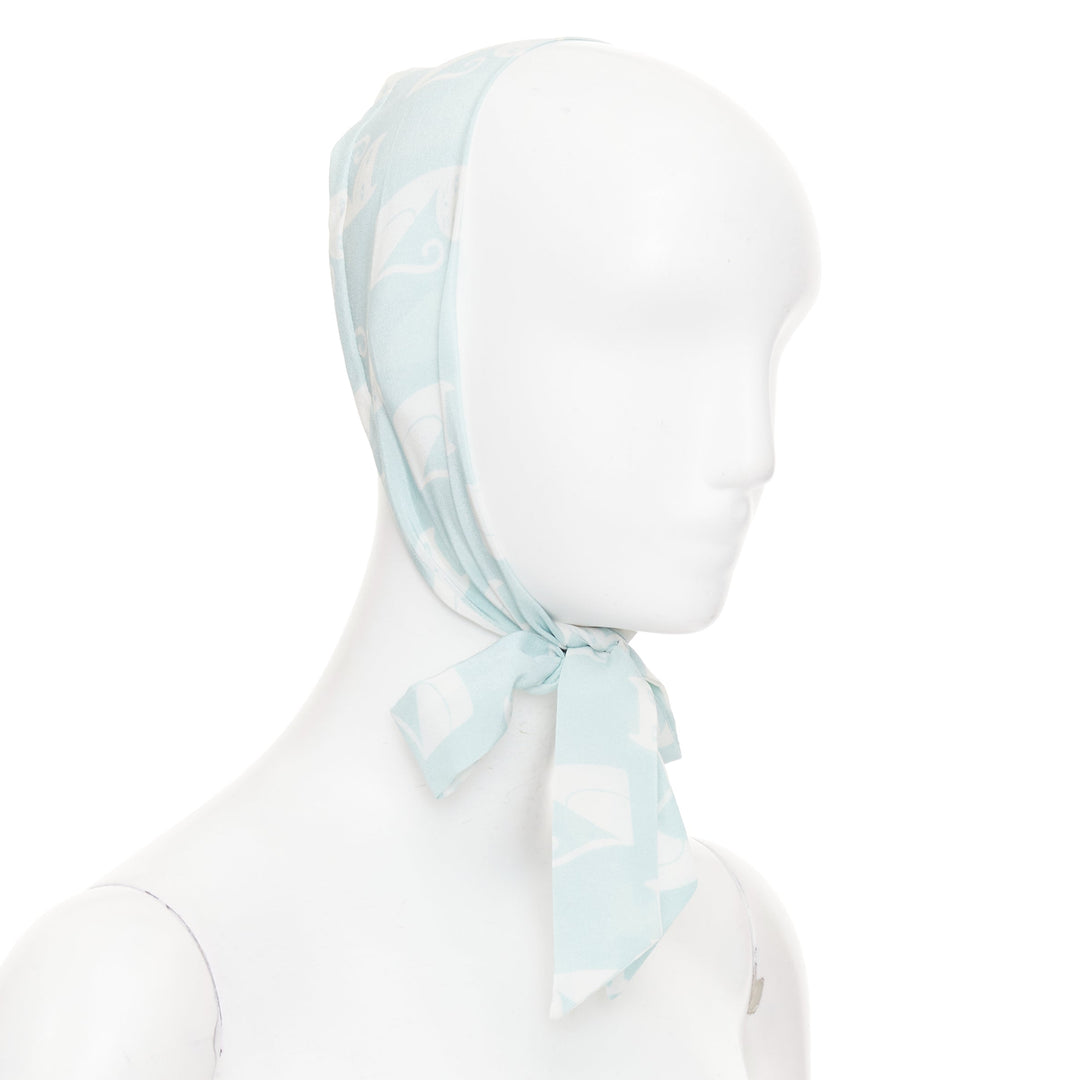 MIU MIU 2020 cartoon cat light blue white silk crepe long headband skinny scarf