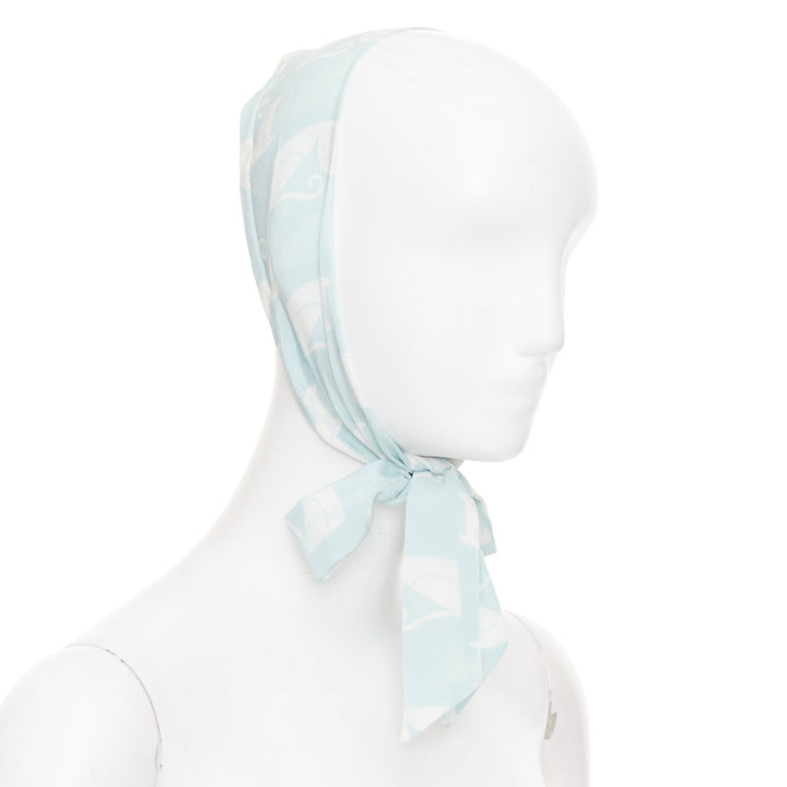 MIU MIU 2020 cartoon cat light blue white silk crepe long headband skinny scarf