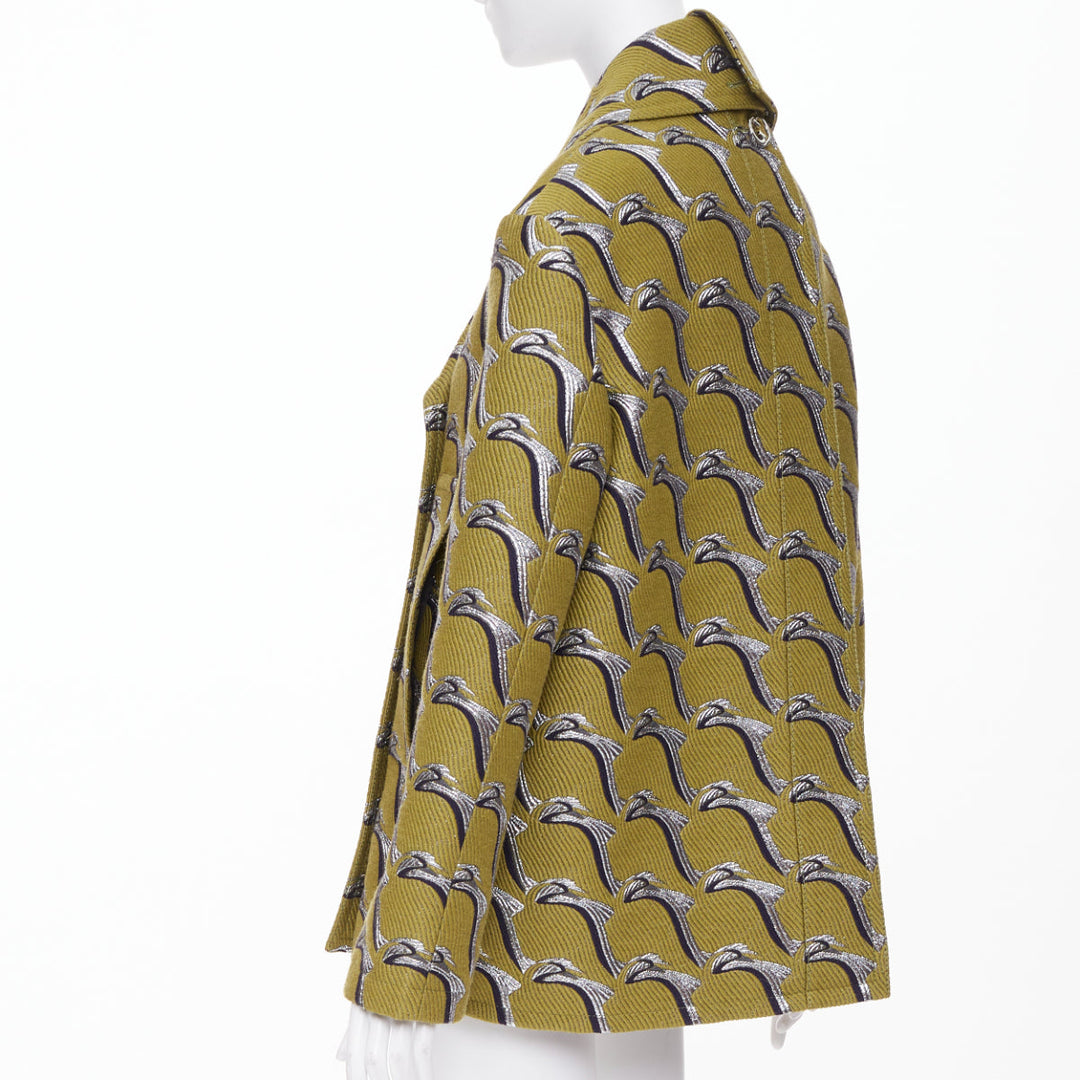 GUCCI 2024 Runway green silver Heron bird jacquard double breast peacoat IT40 S