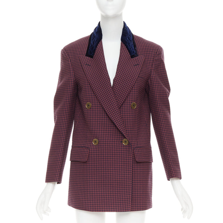 FENDI burgundy wool checkered purple velvet collar double breast blazer IT34 XS