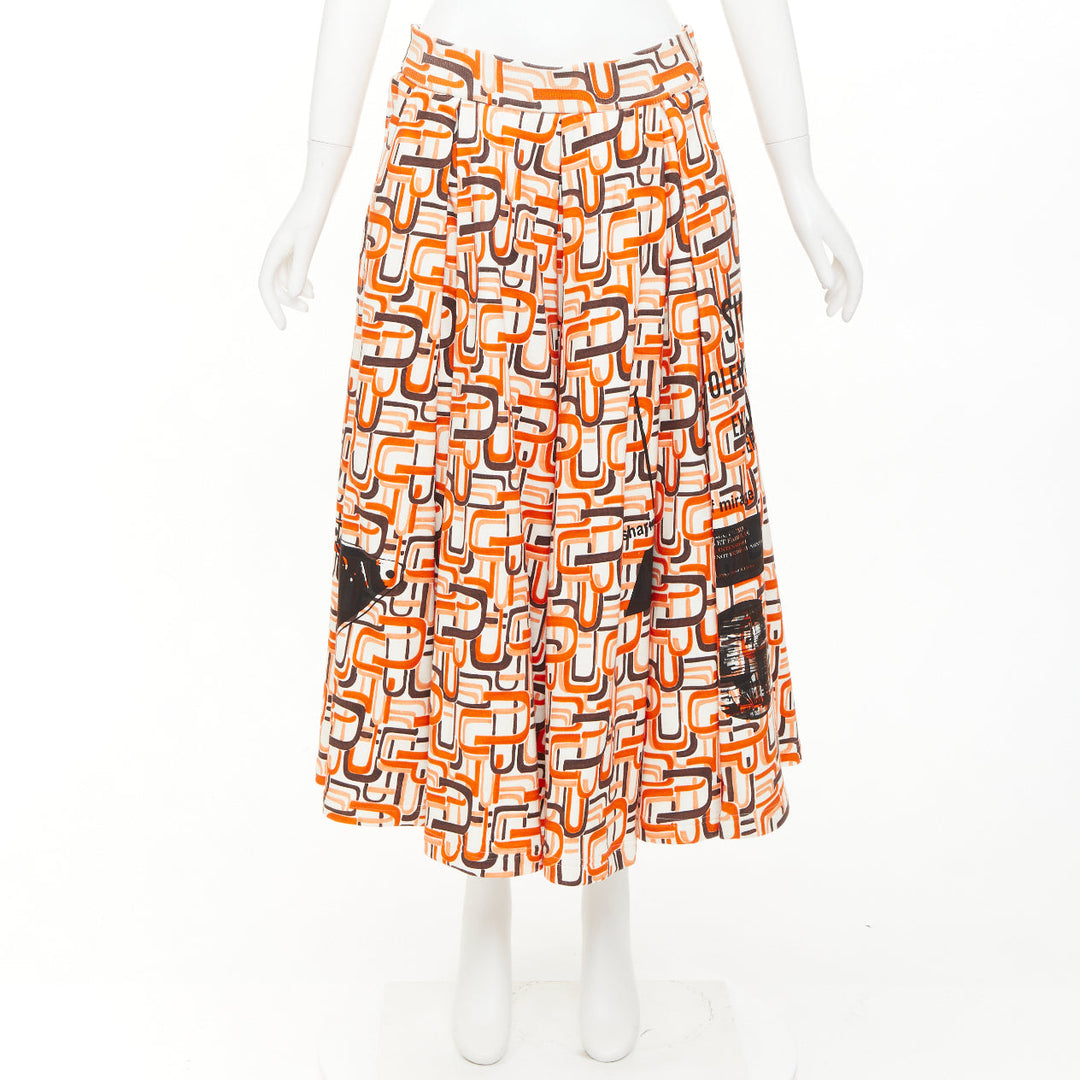PRADA 2021 Runway orange geometric link print triangle logo cotton midi skirt M