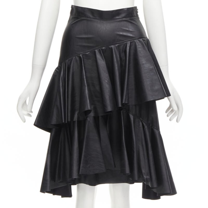 PHILOSOPHY DI LORENZO SERAFINI black faux leather asymmetric tier skirt IT38 XS