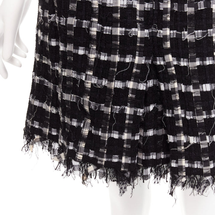 CHANEL black white check raw edge tweed silk lined skirt FR40 L